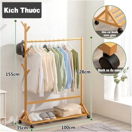 Giá kệ treo quần áo đa năng, gỗ tre tự nhiên thân thiện môi trường, Có chỗ để giày tiện lợi, thiết kế sang trọng