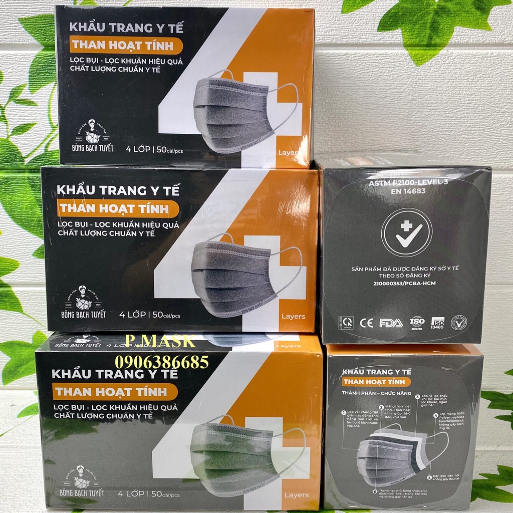 Combo 5 hộp khẩu trang THAN HOẠT TÍNH 4 lớp BẠCH TUYẾT mới 50 cái / hộp chính hãng Bông Bạch Tuyết