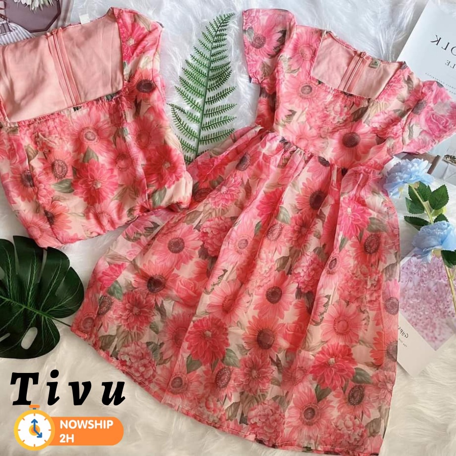 Đầm đôi mẹ và bé - Mẫu đầm voan hoa hướng dương Mẹ và Bé 3 size M L XL.