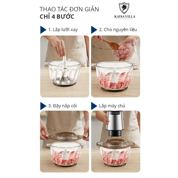 Máy Xay Thịt Đa Năng 2L Cối Thủy Tinh KaisaVilla KV-7014K- Công suất 300W, 4 lưỡi dao inox, xay thịt, rau củ quả đa năng