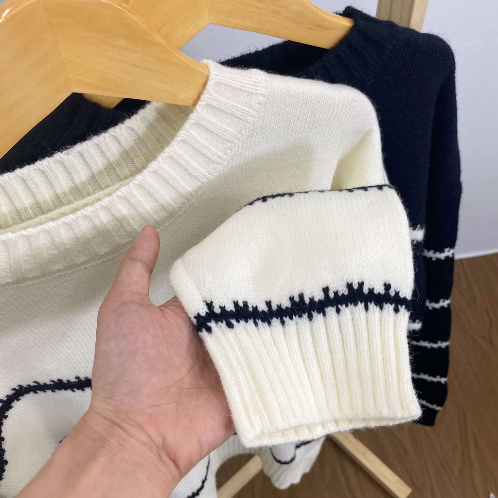 MS853 Áo len nữ ấm kẻ ngang cổ tròn siêu dày dặn