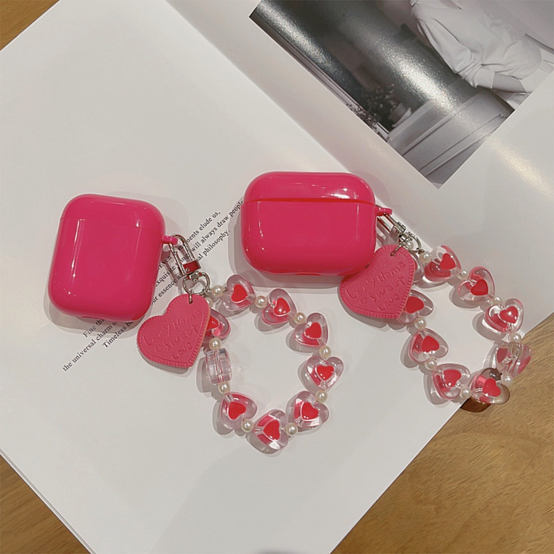 Vỏ bảo vệ hộp sạc tai nghe Bluetooth Airpods 1/2/Pro/3 họa tiết trái tim màu đỏ hồng phối dây đeo dễ thương