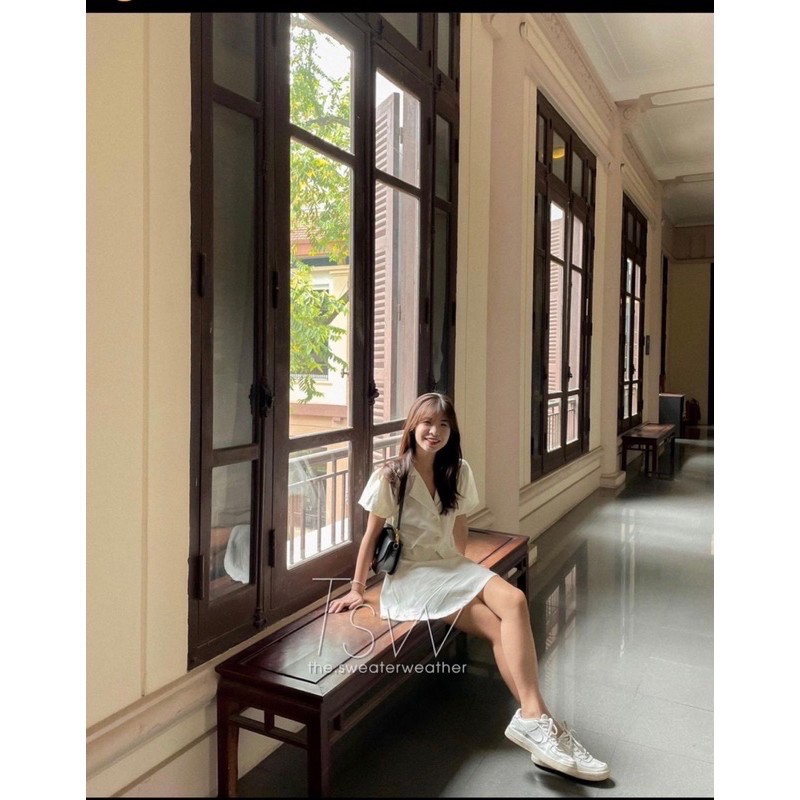 Set Áo Cổ Vest Tay Bồng Kèm Chân Váy Chữ A Ulzzang - Set vest 3 màu Trắng - Nâu - Xanh Dương | BigBuy360 - bigbuy360.vn