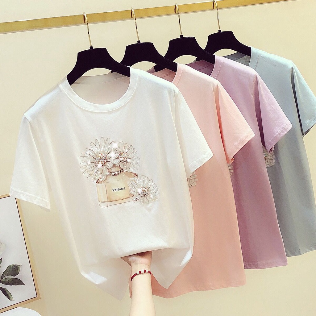 Áo thun ngắn tay in hình hoa cúc nhỏ thời trang mùa hè Hàn Quốc hạt cườm nhỏ 100% cotton