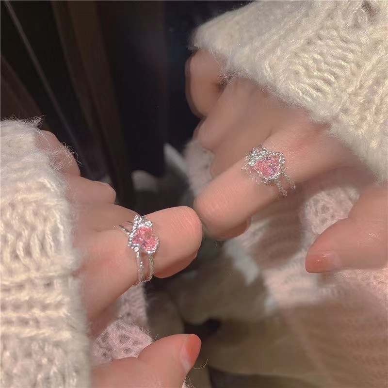 iF YOU Nhẫn   mạ bạc đính kim cương hồng trái tim phong cách Hàn Quốc cổ điển cho nữ