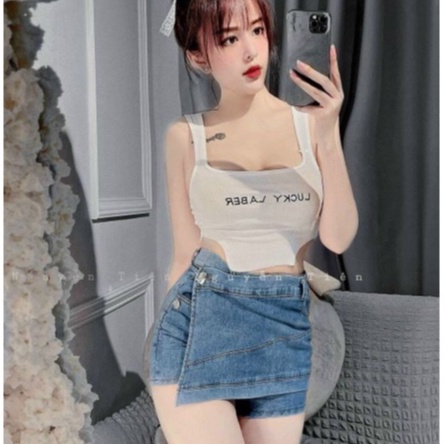 Áo thêu chữ kiểu dáng croptop chất thun tăm co dãn hai dây vanmiushop