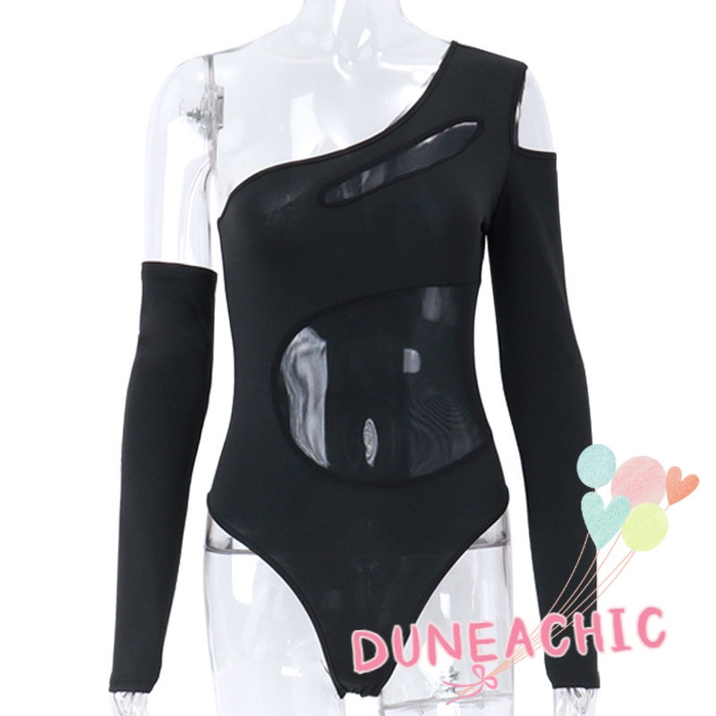 DUNEA Áo Liền Quần Tay Dài Dáng Ôm Phối Lưới Quyến Rũ Cho Nữ