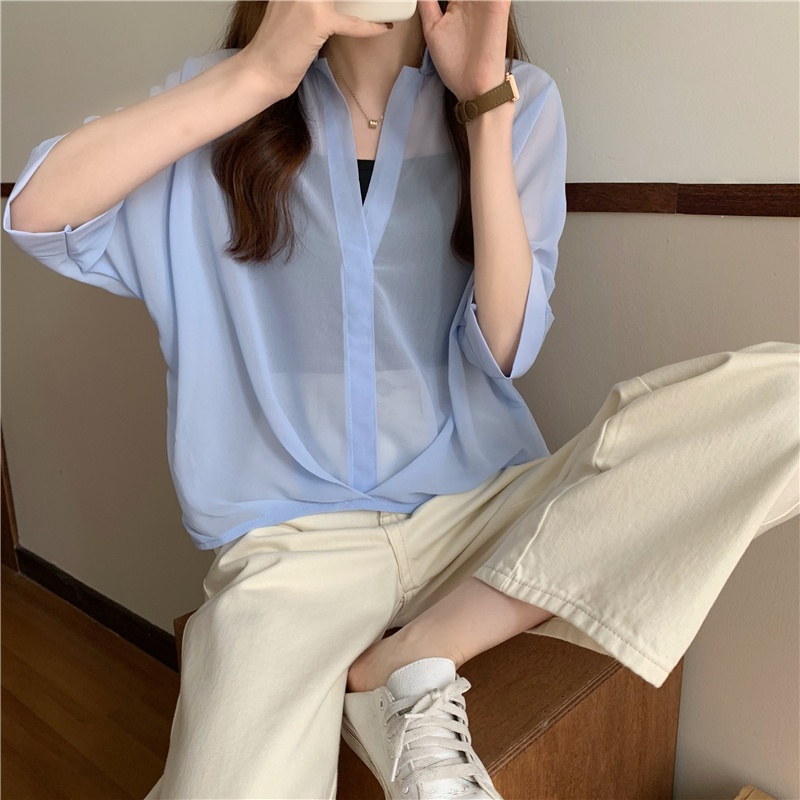 SUXI Áo khoác chiffon cổ V dáng rộng chống nắng thời trang trẻ trung nữ tính