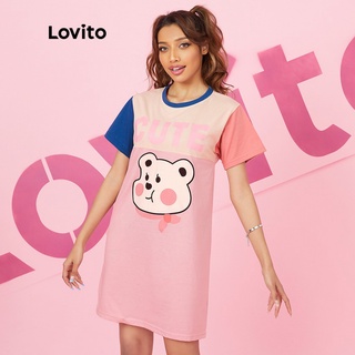 Đầm ngủ Lovito phối màu sắc nổi bật in hình gấu nhỏ nhân vật xinh xắn L16X077 (Màu hồng)