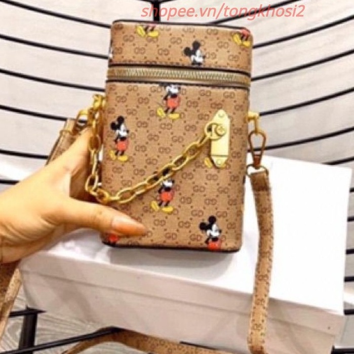 Túi xách tay nữ mini hình hộp tròn in hình Mickey,Túi nhỏ đựng son môi mini phong cách retro có móc khóa