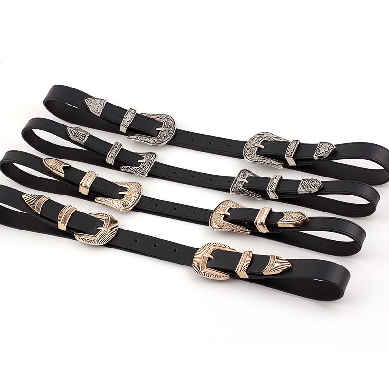 Thắt Lưng Hai Khóa Cài Khắc Họa Tiết Cổ Điển Màu Đen Cho Nữ