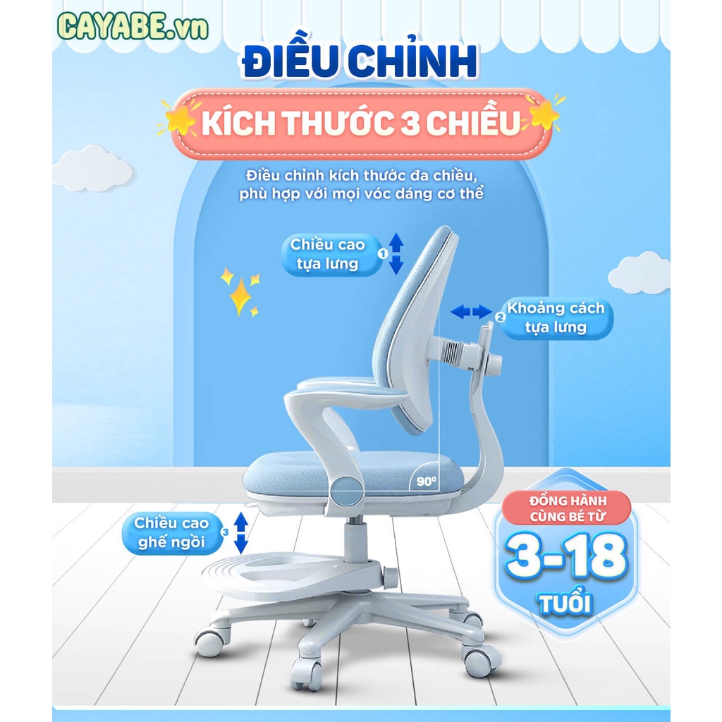 GHẾ HỌC SINH CHỐNG GÙ, CHỐNG CẬN CAYABE CÓ ĐỂ CHÂN ĐIỀU CHỈNH ĐỘ CAO CB-9 CHO TRẺ EM MÀU XANH - HỒNG