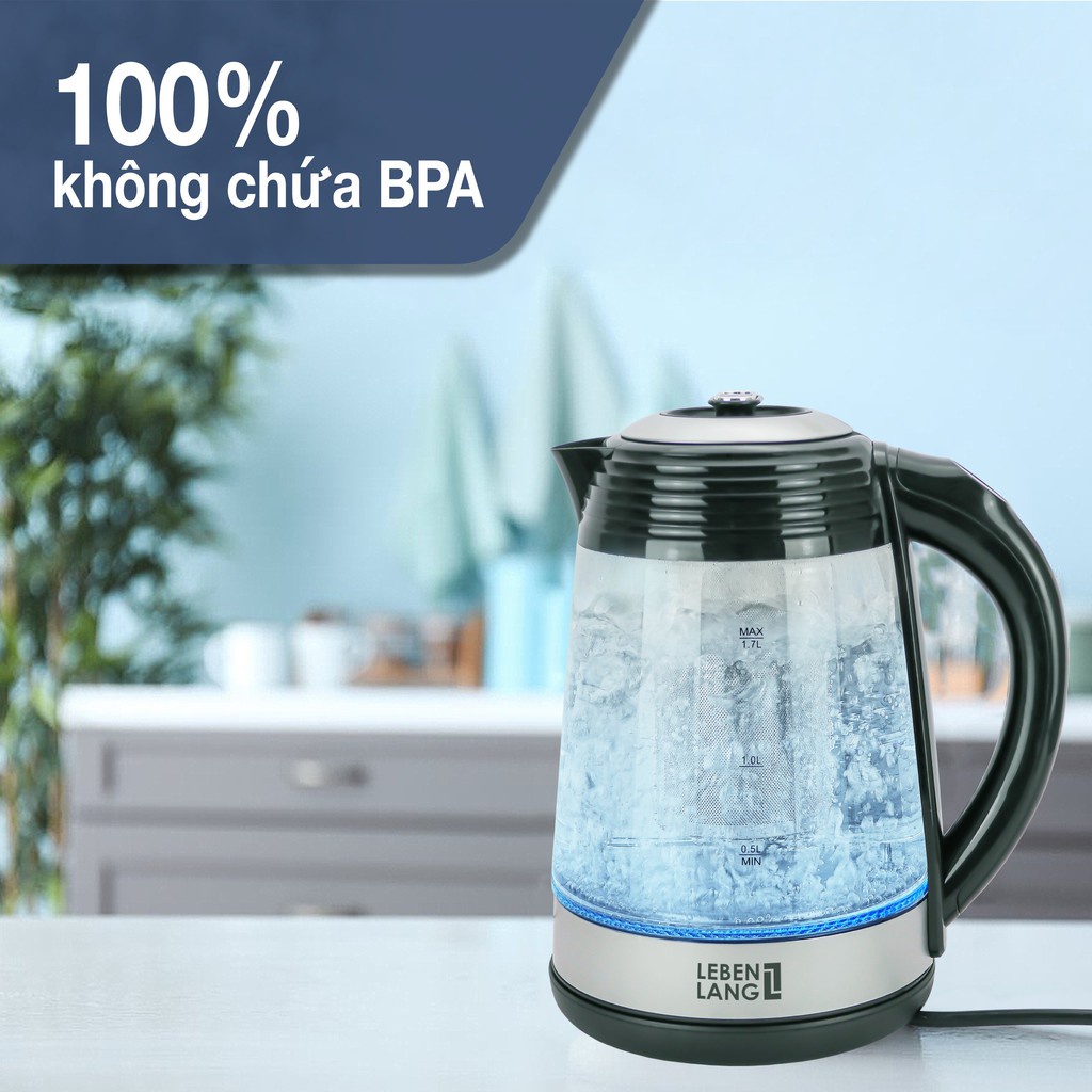 Ấm siêu tốc thủy tinh 1.7L LEBENLANG kèm lõi lọc, điều khiển nhiệt độ, BH 2 năm - LB2676