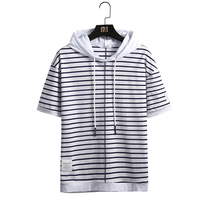 Áo Hoodie Tay Ngắn Dáng Rộng Họa Tiết Kẻ Sọc Phong Cách Hong Kong Thời Trang Mùa Hè Mới Cho Nam