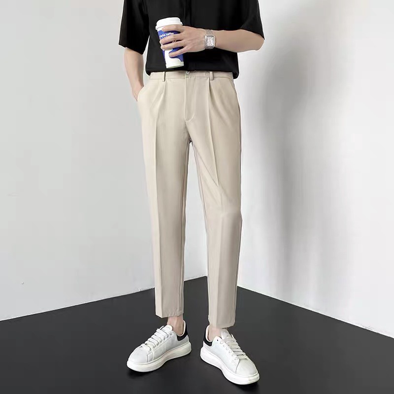 Quần Âu Nam Trơn Cúc Giữa Đen , Trắng , Ghi , Xám , Kem baggy , Dáng Slimfit , Vải Co Giãn , Không Xù , Phong Cách HQ