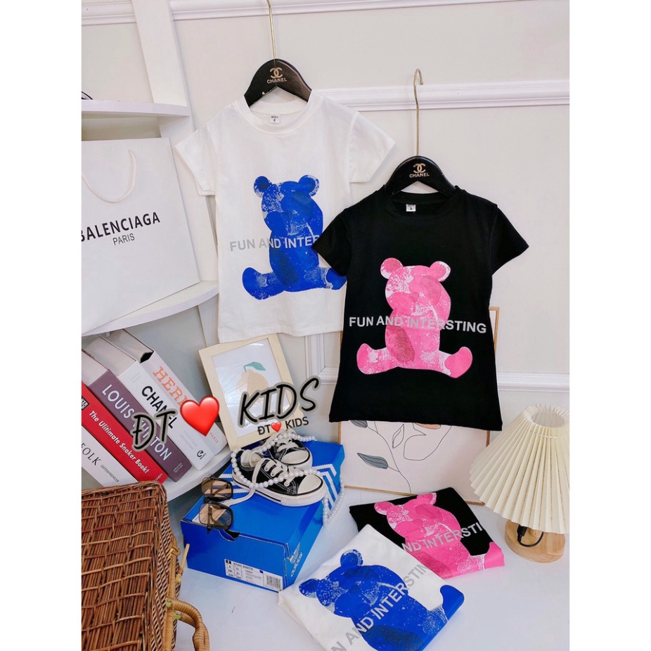 Váy thun bé gái, Áo váy gấu hồng xanh chất cotton tàu cho bé