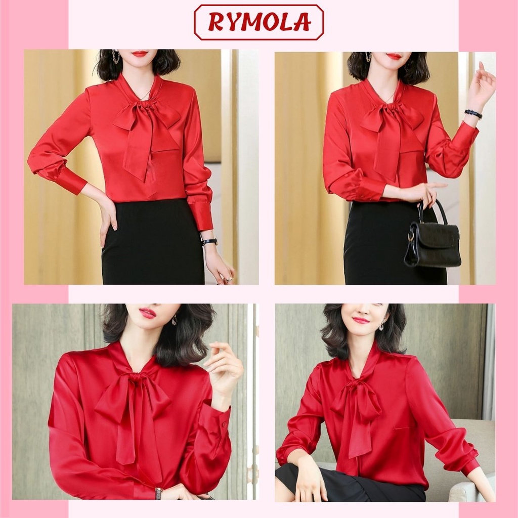 Áo Sơ Mi Kiểu Công Sở Đẹp MOLA Tay Dài Cổ Thắt Nơ Màu Đỏ Chất Lụa Cao Cấp From Rộng Hàn Quốc Ulzzang Vintage A1D