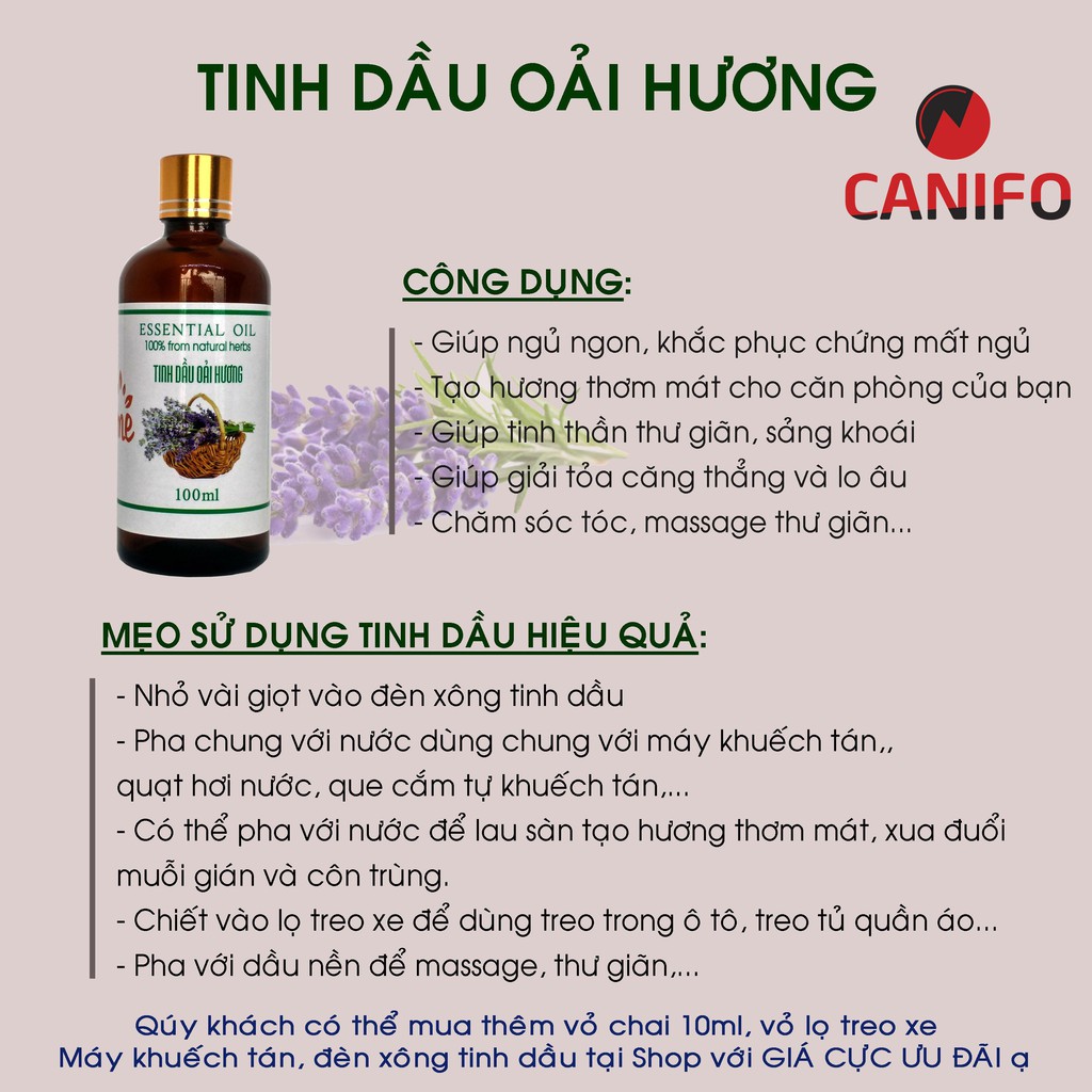 [100ML] Tinh Dầu Thiên Nhiên CANIFO - Hàng Chính Hãng, Sả chanh, Hoa hồng, Quế, Hoa Nhài, Cafe, Xả chanh, Bạc hà, Bưởi