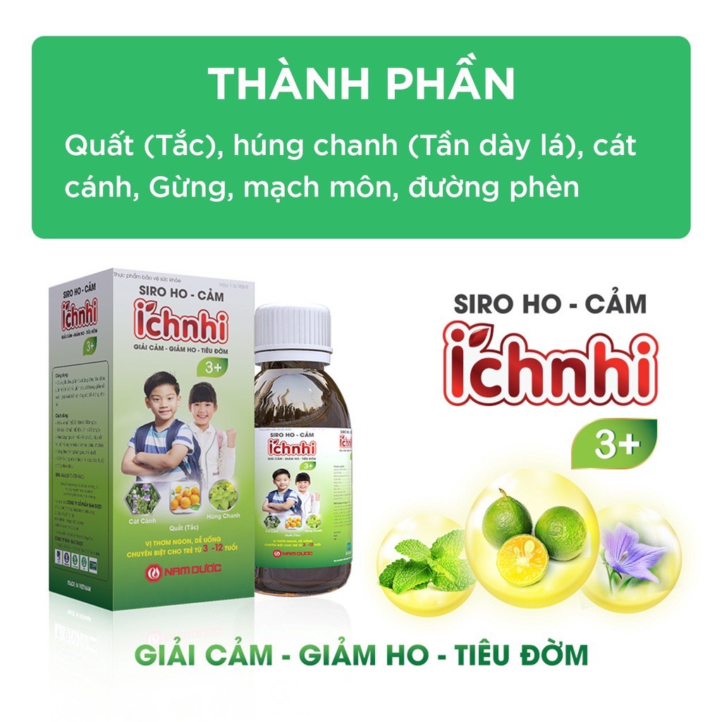Siro ho cảm Ích Nhi 3+.hỗ trợ giải cảm, giảm ho, tiêu đờm, giảm sổ mũi, phòng cảm lạnh cho bé trên 3 tuổi.Chai 90ml