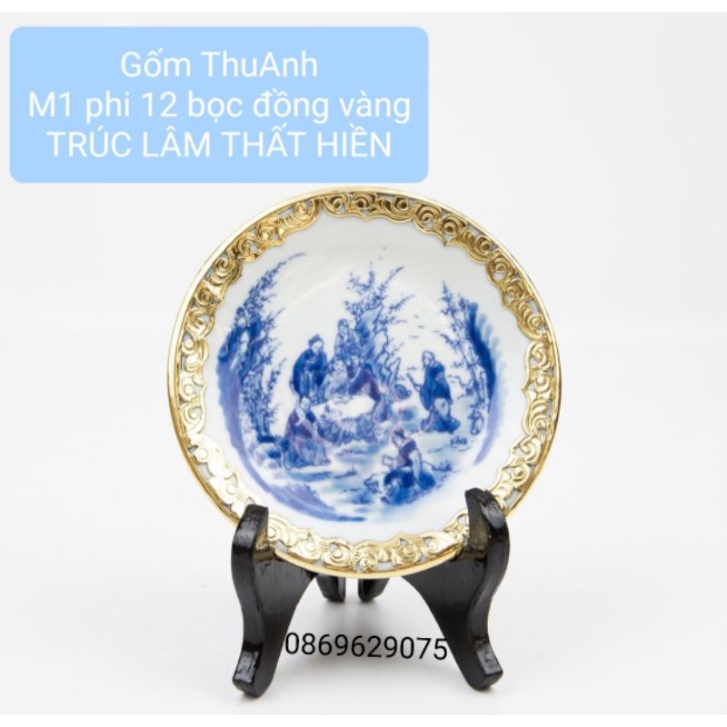 Đĩa cảnh men lam bọc đồng vàng.Hàng vẽ tay gốm sứ Bát Tràng.