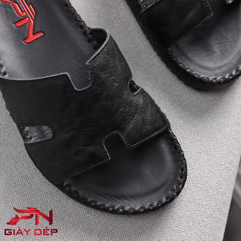 Dép Quai Ngang . Dép Da Nam Quai chữ H da bò cao cấp PN-08 màu đen