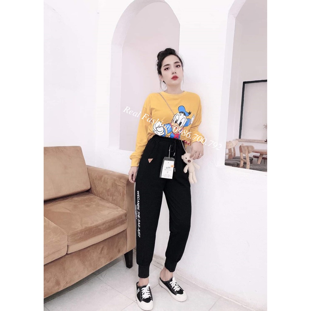 Quần jogger nữ bo gấu thêu chữ đính logo vải nỉ da cá quảng châu,vải dày dặn đanh mịn không bai xù Real Fashion