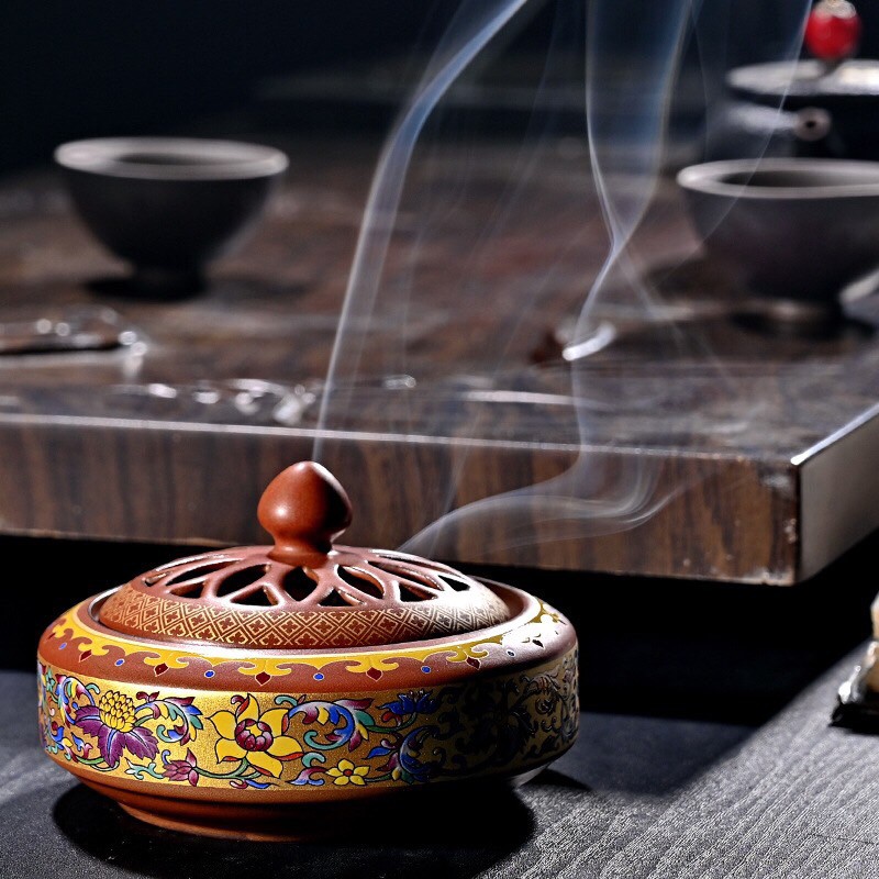 Lư gốm xông trầm - tặng chân đế cắm hương que, hương vòng