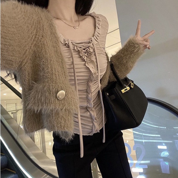 Áo Nhún Bèo Dây Rút Tay Dài LSEOUL A2364 Nhiều Màu Ngọt Ngào Nữ Tính