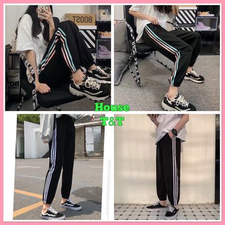 Quần jogger thể thao 3 sọc chun ống, House T&T , quần jogger 3 line có 2màu: sọc màu, sọc trắng freesize