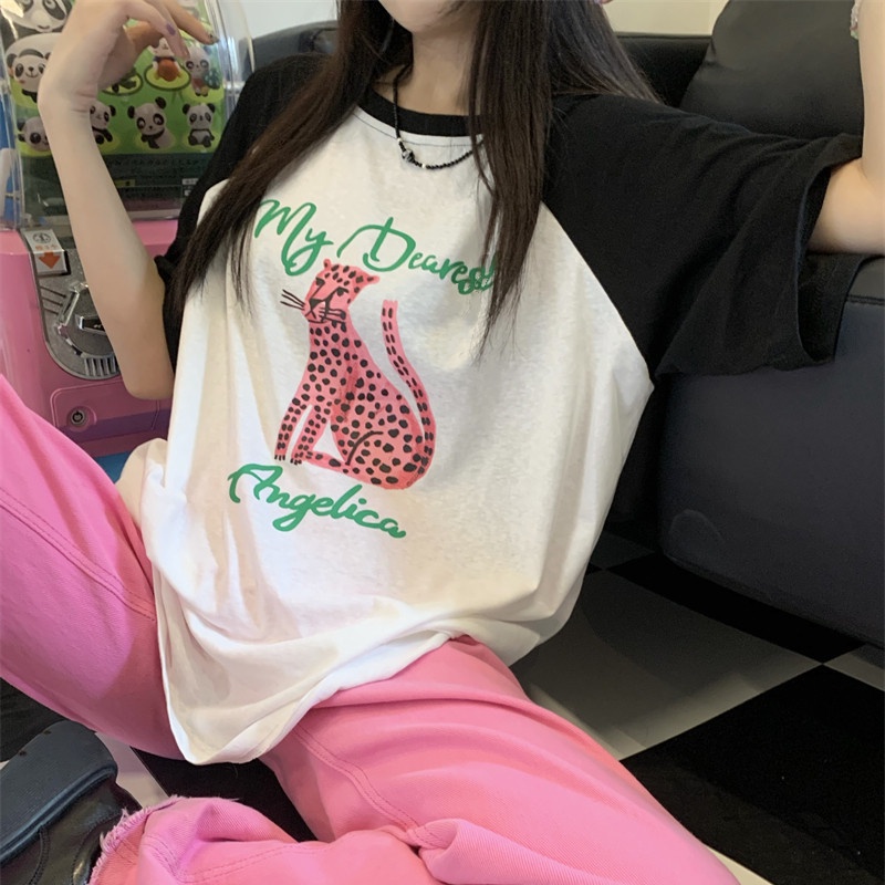 Áo Thun Ngắn Tay Dáng Rộng In Họa Tiết Da Báo Màu Sắc Tương Phản Thời Trang Mùa Hè Cho Nữ