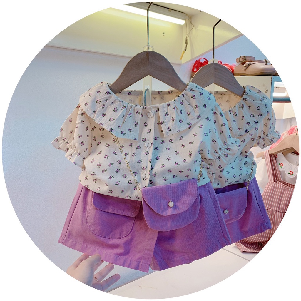 Set Bộ + Túi Bé Gái 6-18kg Áo Cổ Bèo Đũi Hoa Nhí Mềm Quần Thô Giả Váy, Bộ Đi Chơi, Đi Học Cho Bé - AN.KID