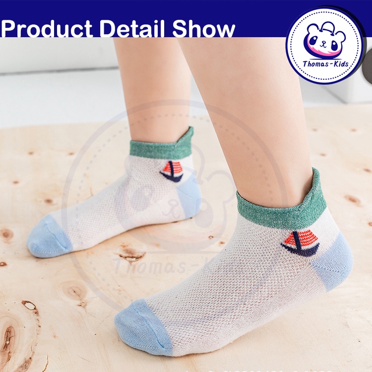 [THOMAS Kids] Set 5 Đôi Tất Lưới Bằng Cotton Màu Trơn Họa Tiết Mỏ Neo Hoạt Hình Mùa Hè Cho Bé 1-12 Tuổi