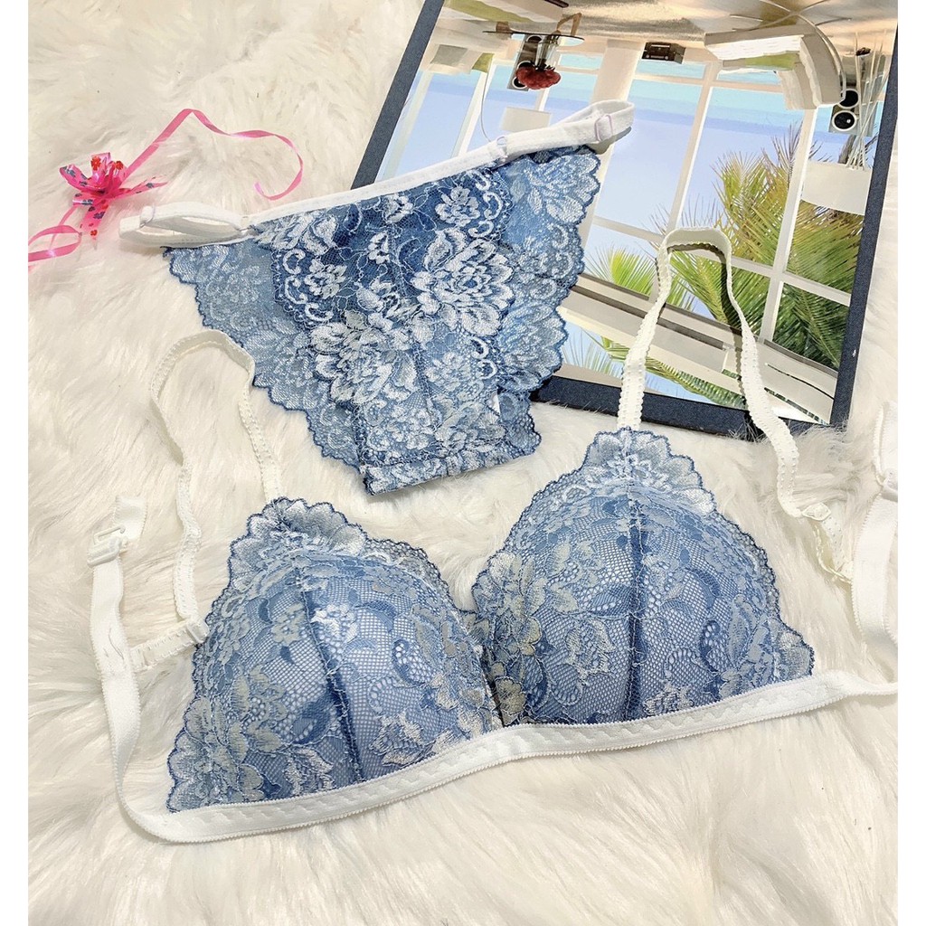 Set bra thiết kế sexy, Đồ lót nữ ren xanh gợi cảm ôm ngực nguyên set gồm áo + quần lọt khe dây | BigBuy360 - bigbuy360.vn