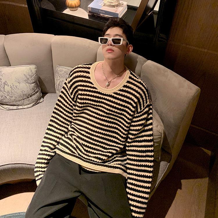 Aemape Áo Sweater Dệt Kim Mỏng Tay Dài Khoét Lỗ Kẻ Sọc Cao Cấp Phong Cách Retro Mùa Thu Cho Nam