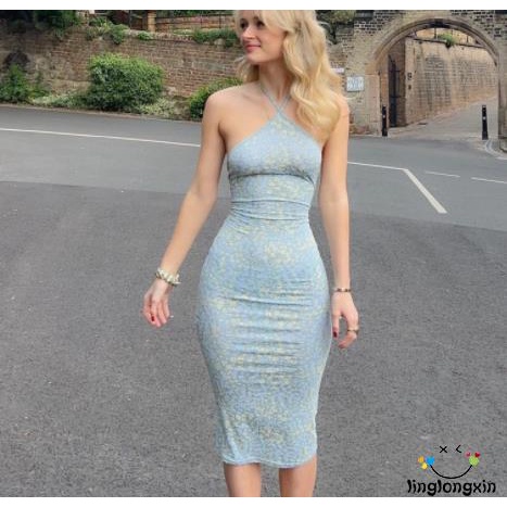 Linglongxi2-đầm Body Cổ Yếm In Hoa Màu Xanh Nhạt Không Tay Size S / M / L