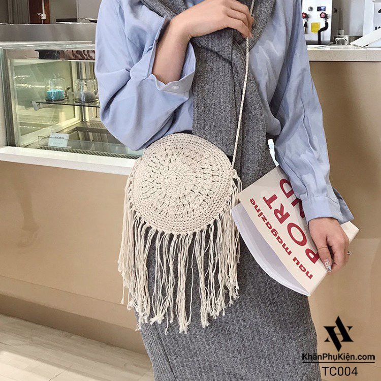 [NowShip - Giao Ngay] Túi Cói Boho Vintage Đeo Vai, Đeo Chéo Hình Tròn Đính Tua Rua Màu Nâu Be Trơn