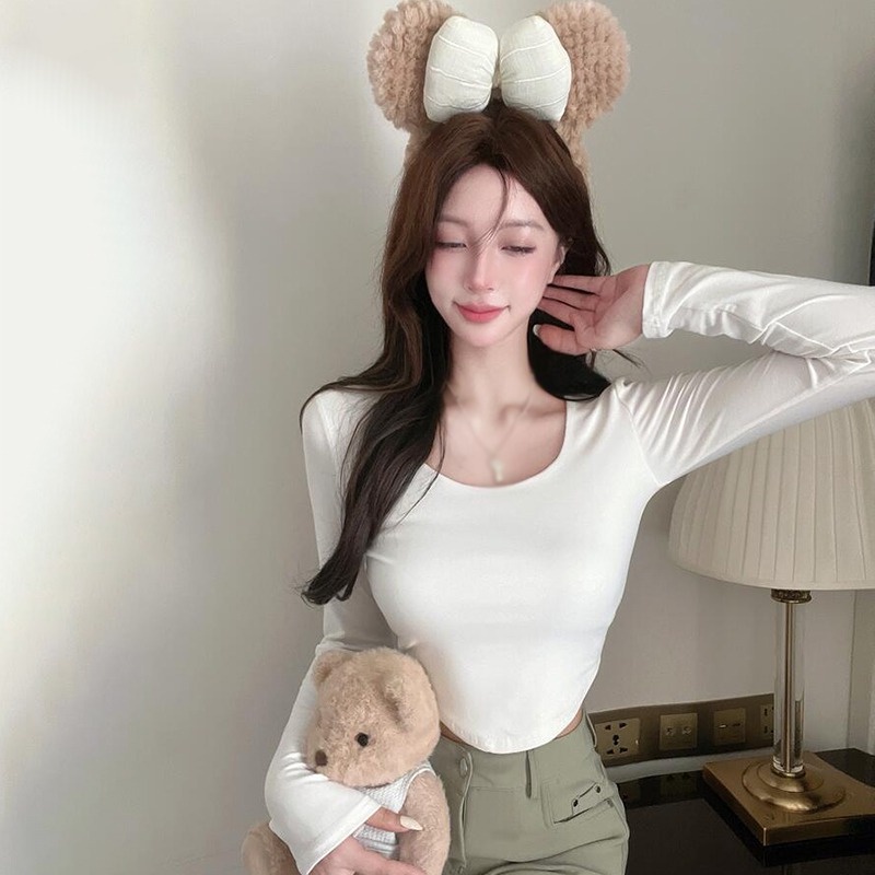 Áo Thun Croptop Tay Dài Cổ Vuông Dáng Ôm Thời Trang Mùa Thu Phong Cách Hàn Quốc Cho Nữ