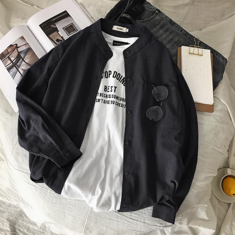 Áo Sơ Mi Nam Dài Tay Cổ Đứng Màu Trơn Phong Cách Hàn Quốc Mới