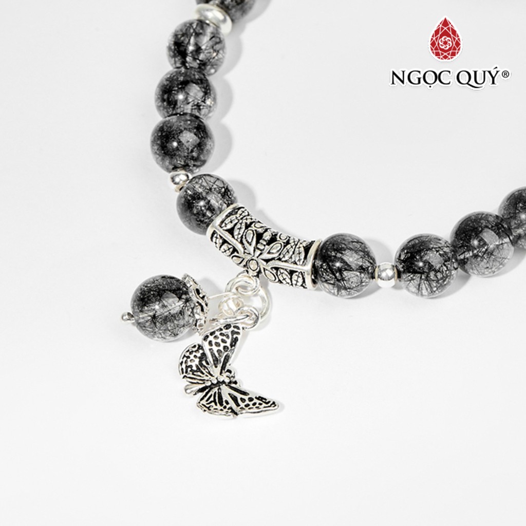Vòng tay TA tóc đen charm hoa mẫu đơn và bướm hạt 7mm - Ngọc Quý