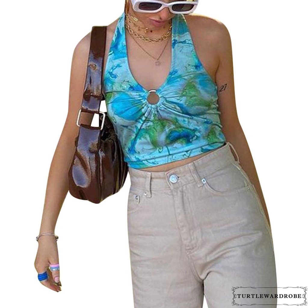 ◕‿◕Women Halter Tank Tops, Sexy Sleeveless Tie-Dye Print Ruched Ring Front Slim Fit Camisole