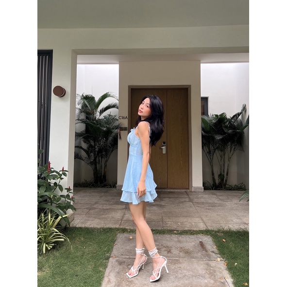 Đầm 2 dây cột nơ ngực xanh biển