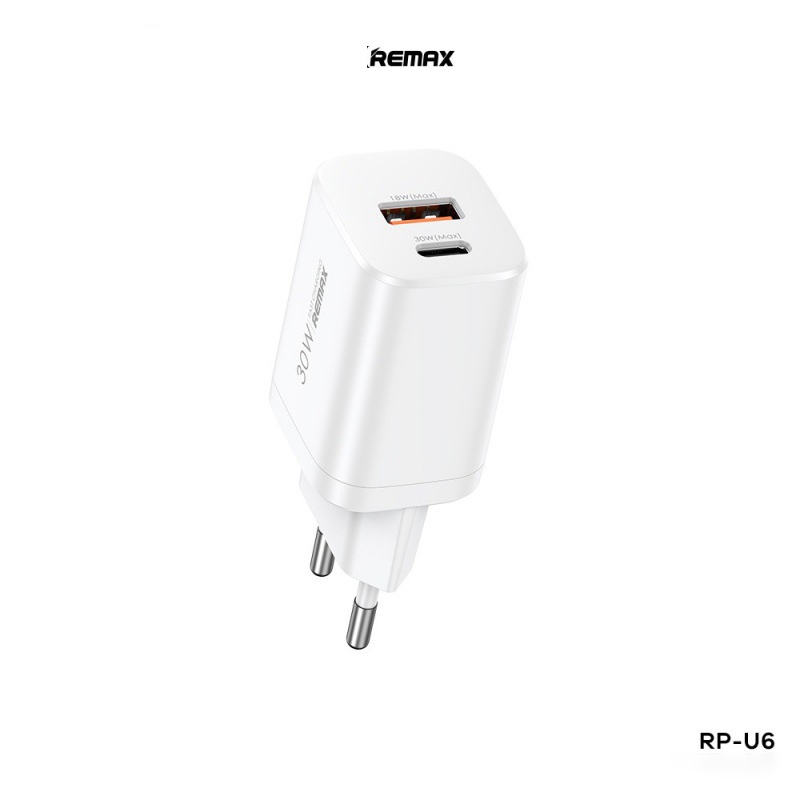 Củ sạc điện thoại Remax RP-U6 sạc nhanh công suất 30W 2 cổng USB + Type C sạc nhanh chuẩn QC3.0, QC2.0 không nóng sạc