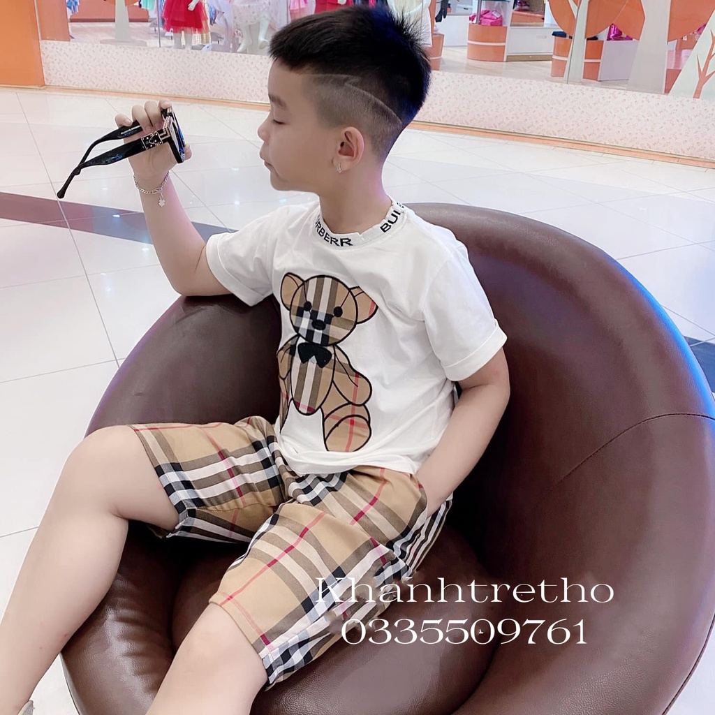 Bộ Quần Áo Bé Trai Bé Gái Mùa Hè - Set Cặp Anh Em Họa Tiết Hình Gấu Thêu Chữ Burberry, Chất Cotton Loại Đẹp