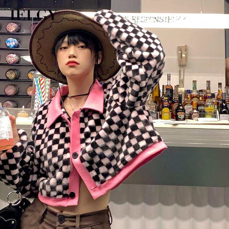 Áo khoác dáng ngắn IELGY phối màu sắc tương phản phong cách Hàn Quốc cho nữ