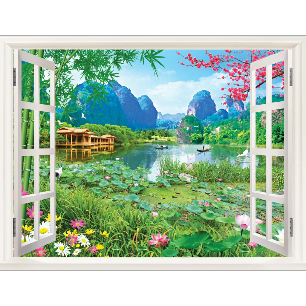 Decal tranh dán tường 3d khung cửa sổ phong cảnh trang trí phòng khách chất liệu decal pp keo sẵn bóc dán atk20