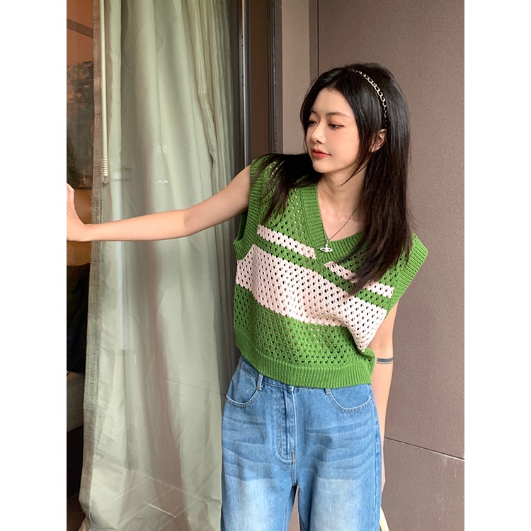 [Hana And Alice] Áo Thun Dệt Kim Sát Nách Dáng Rộng Kẻ Sọc Kiểu Mỹ Cá Tính