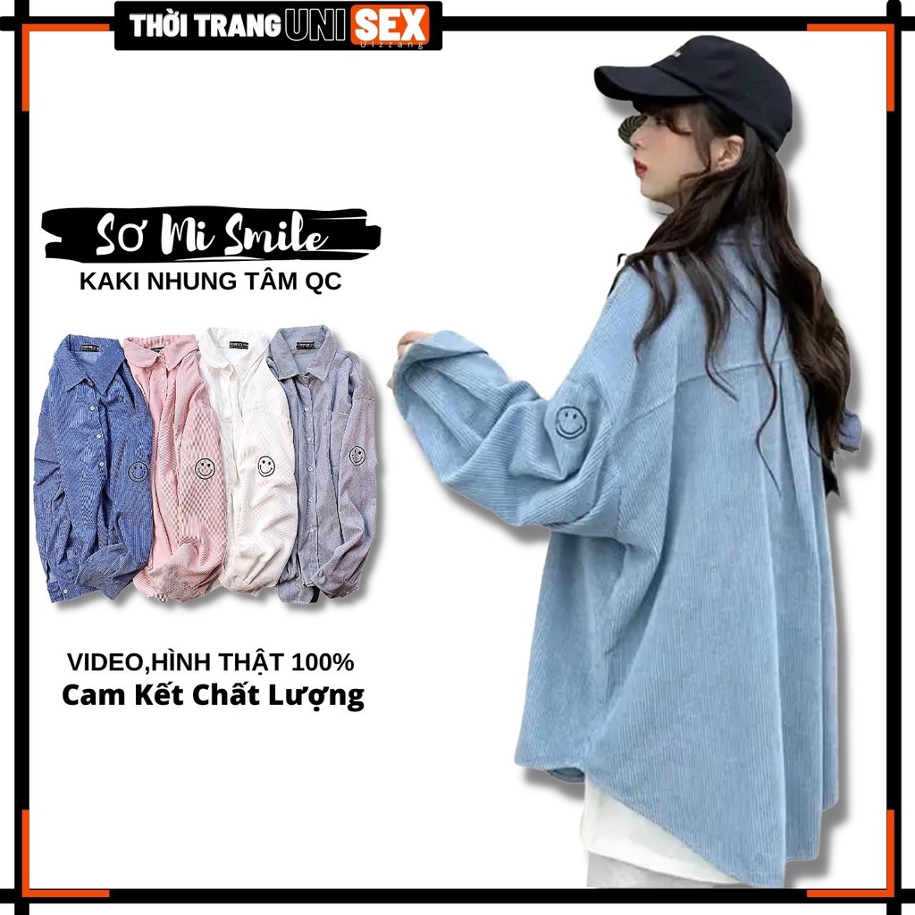 Áo sơ mi kaki nhung tâm quảng châu thêu mặt cười form rộng vạt bầu SM MẶT CƯỜI - AOKHOACUNISEX 1087