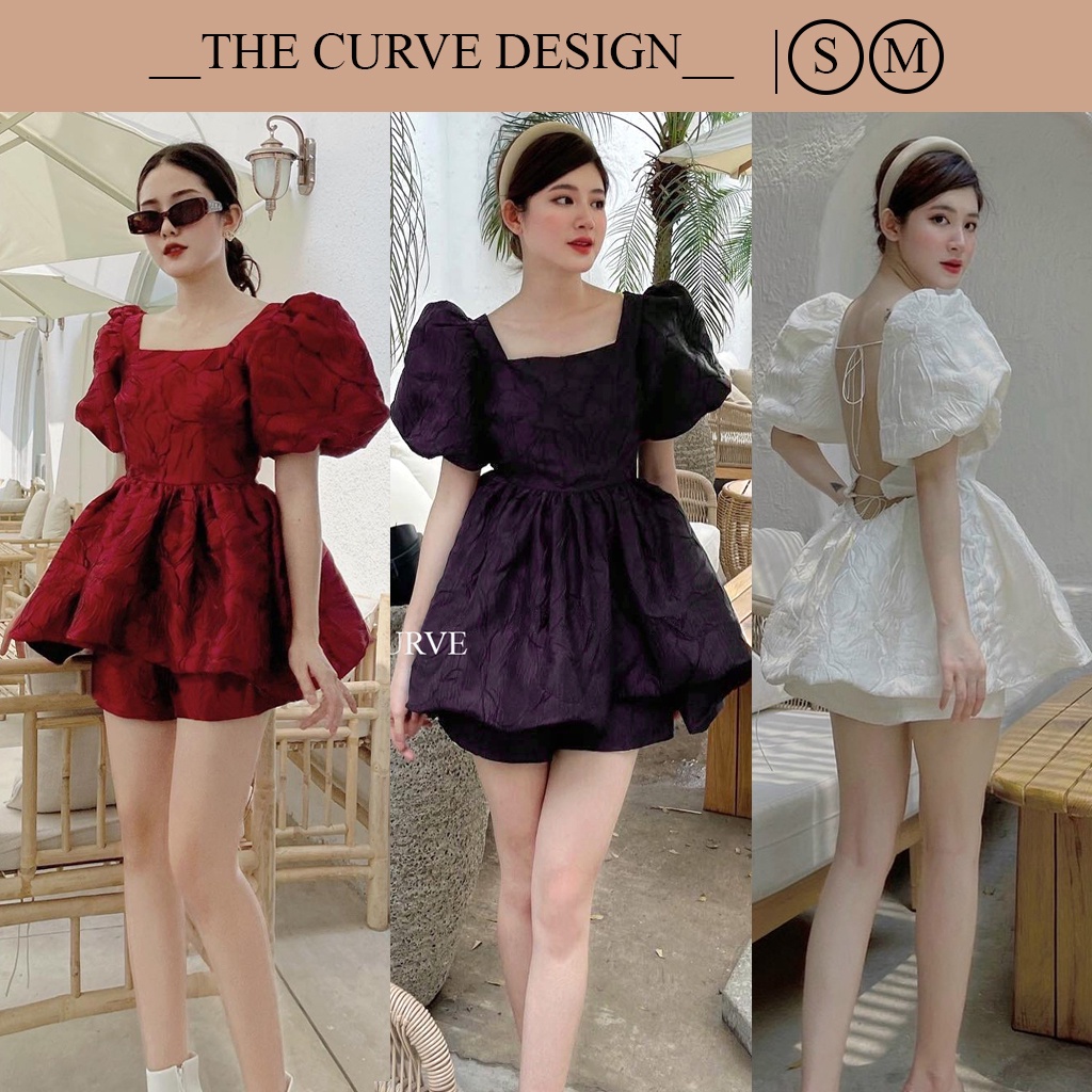 Set Áo Peplum Kèm Quần Váy Thiết Kế Gấm Hoa Cổ Vuông Vai Phồng Xòe Tầng Hở Lưng, Đi Tiệc, Ảnh Thật, 3 Màu Trắng, Đen, Đỏ