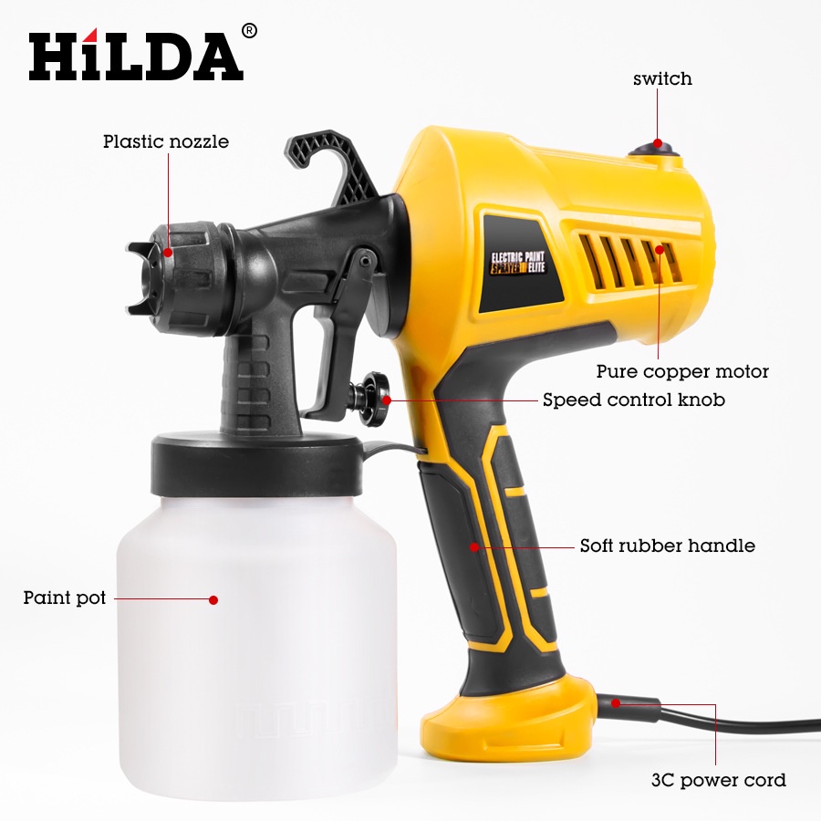 Máy Phun Sơn Cầm Tay Chính Hãng HILDA- Công suất 500W - Súng Phun Sơn - Dùng điện 220V - Bình 800ML - Bảo Hành 1 Năm