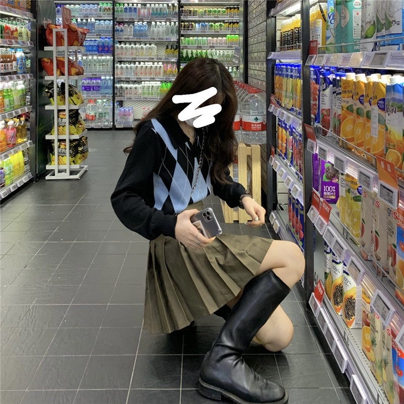 Áo Len Tay Dài Màu Sắc Tương Phản Phong Cách Retro Hàn Quốc